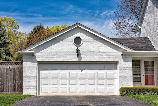 Garage door on a white home